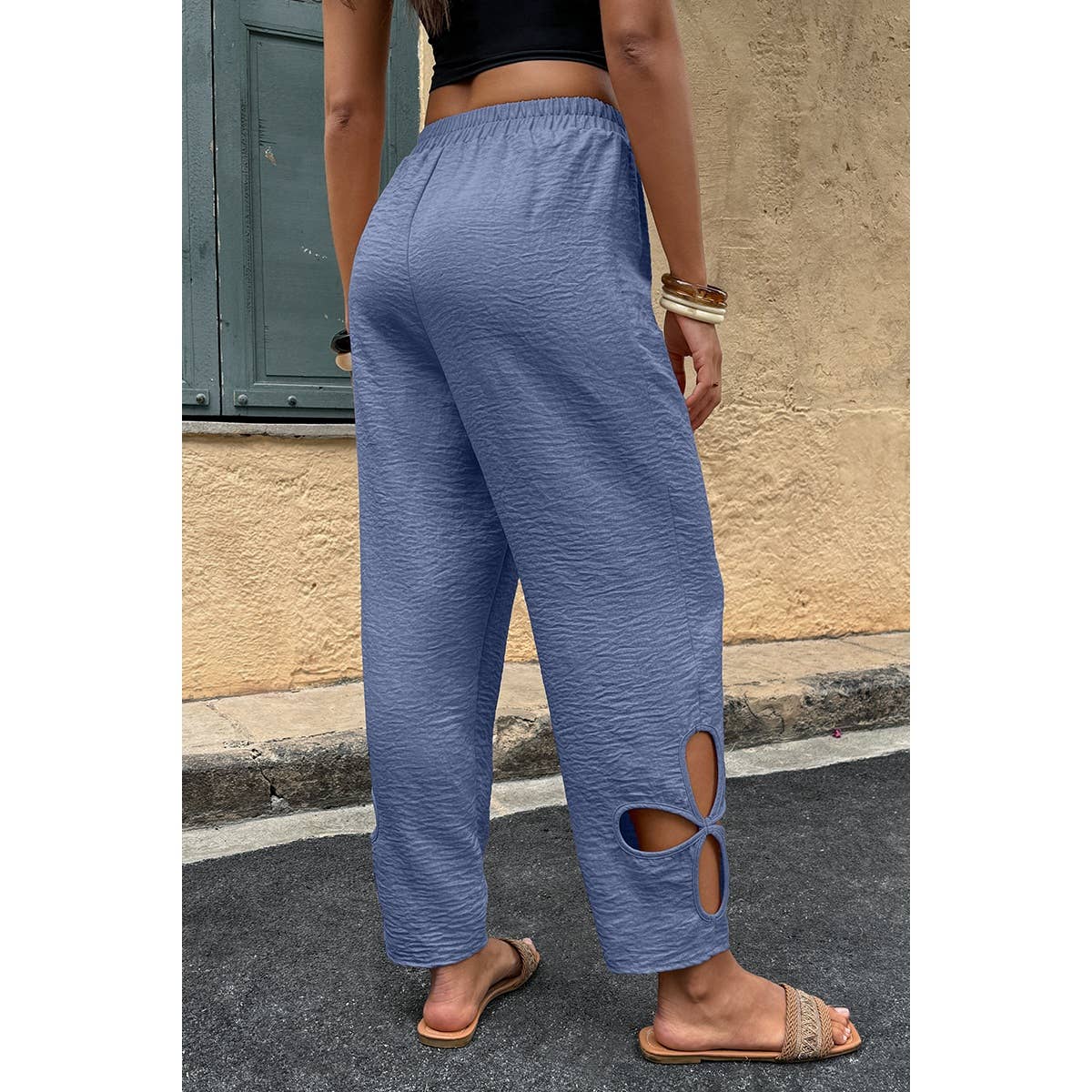 Solid Loose Elastic Waist Hollow Out Long Pant