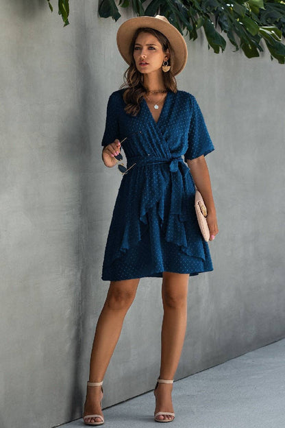 V Neck Ruffled Hem Wrap Dresses