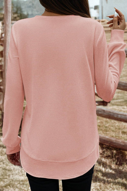 Fashion-W Rounded Hem Waffle Long Sleeve Top