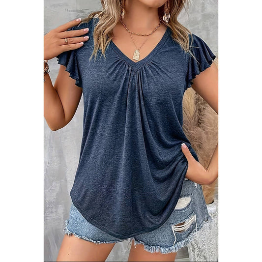 Plus Solid V Neck Ruffle Ruched Fit Top