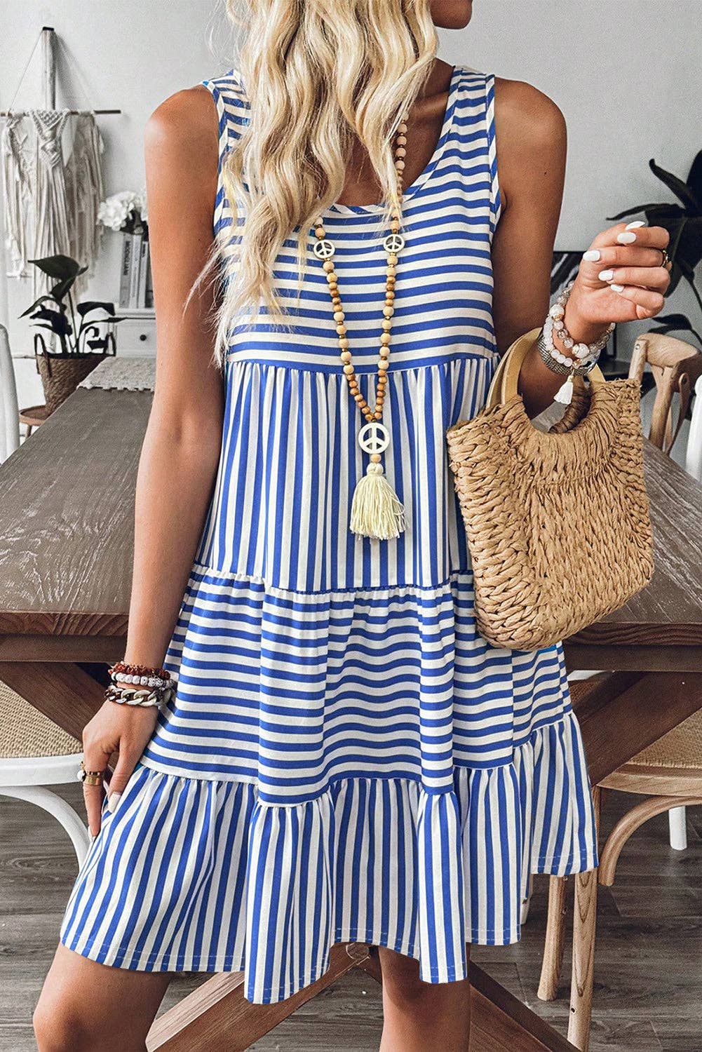 Sky Blue Stripe U Neck Sleeveless Loose Fit Mini Dress