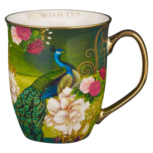 Blue/White Peacock Blessed Jer. 17:7 Mug