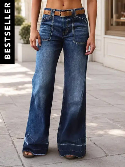 Wash Denim Wide Leg Jeans High Waist Patch Pocke