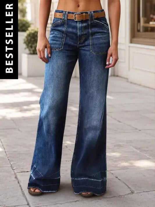 Wash Denim Wide Leg Jeans High Waist Patch Pocke
