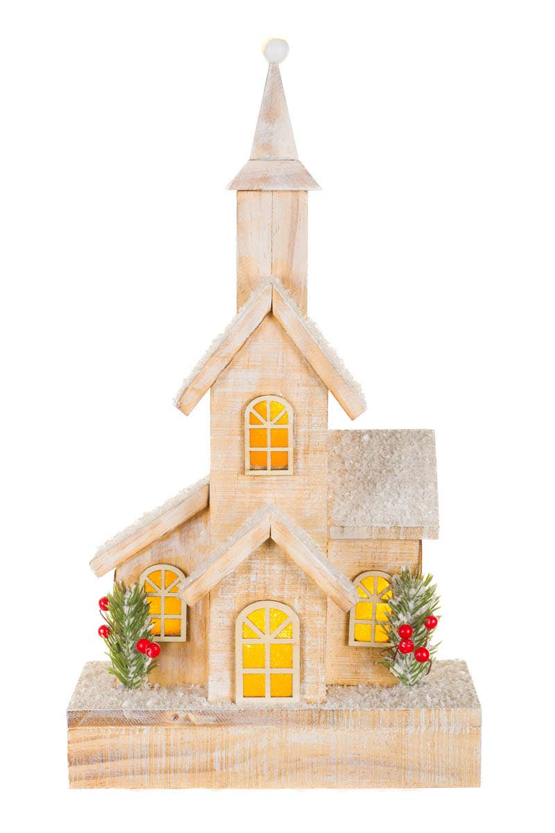 Peach/White Frosted Led Church Display With Bushes