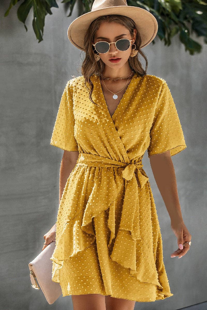 V Neck Ruffled Hem Wrap Dresses