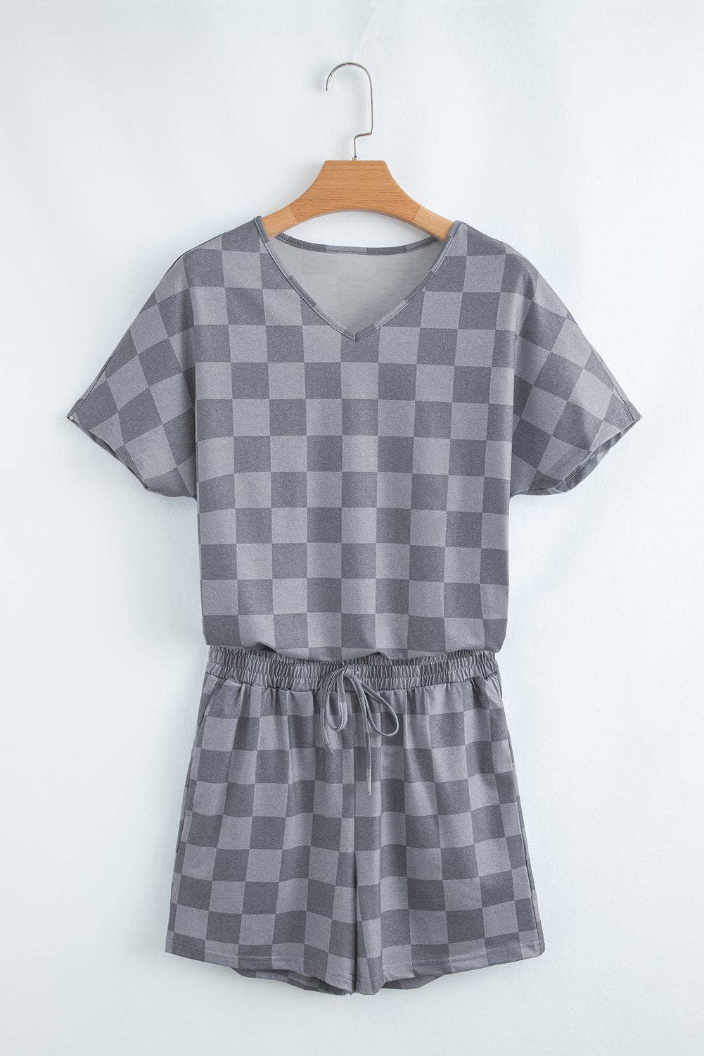 Beige Checkered V Neck Tee Drawstring Shorts Lounge Set
