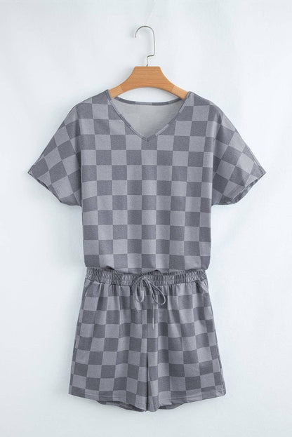Beige Checkered V Neck Tee Drawstring Shorts Lounge Set
