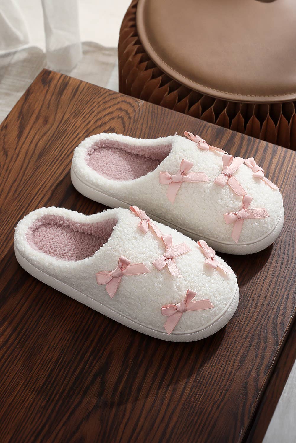 LDC Ribbed Bow Decor Plush House Slipper