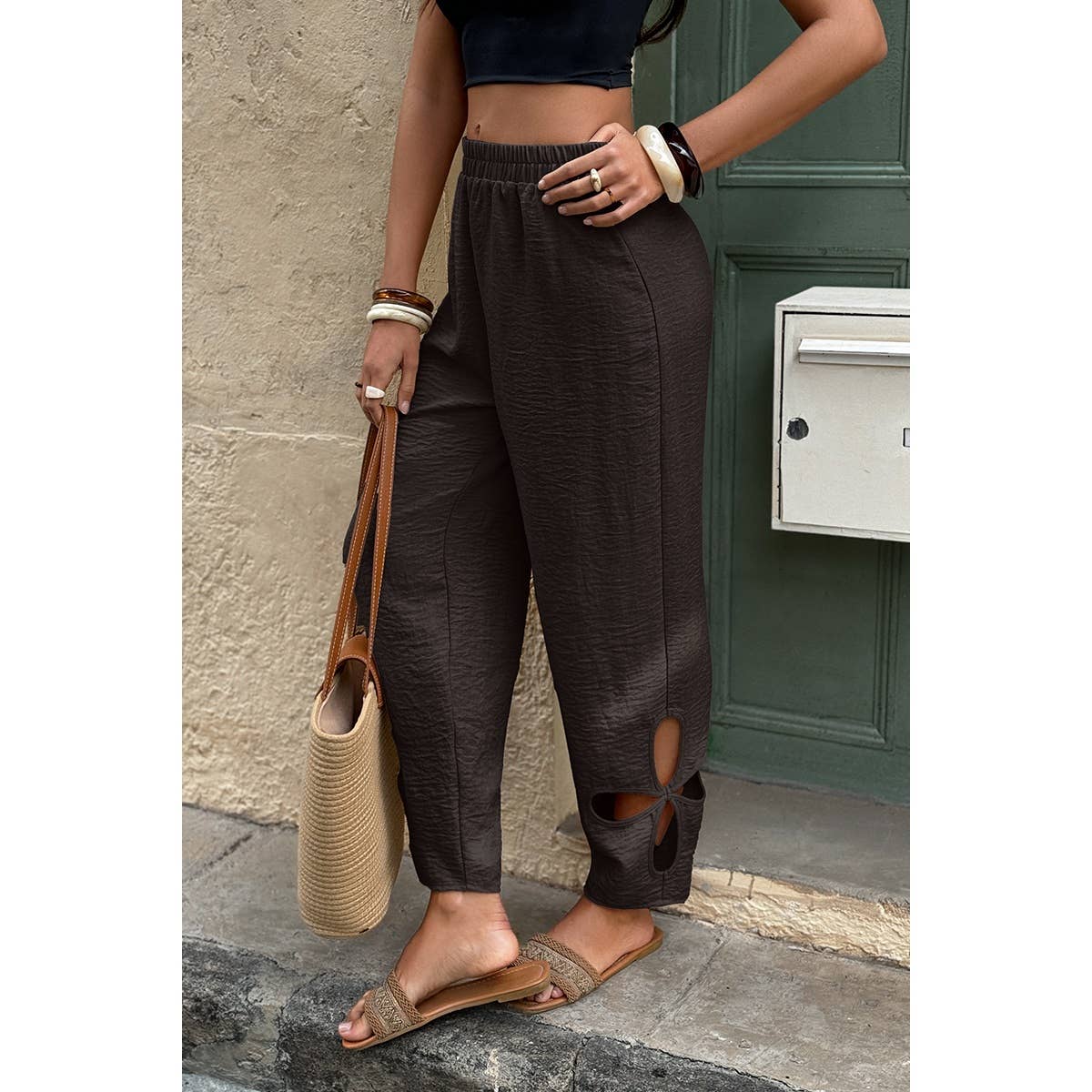 Solid Loose Elastic Waist Hollow Out Long Pant