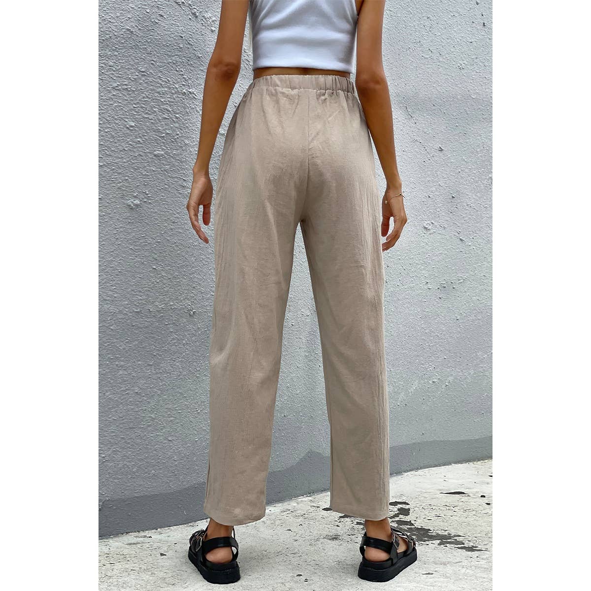 Solid Pockets Belt Wide Leg Pants