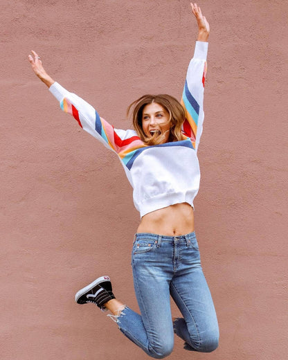 Women’s Rainbow Stripe Crewneck Pullover Casual Long Sleeve Top