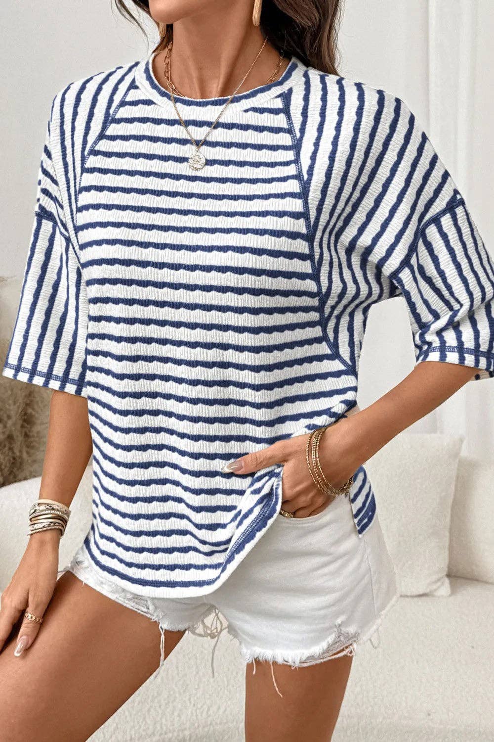 Striped Textured Tee Oversized Casual Boutique Top