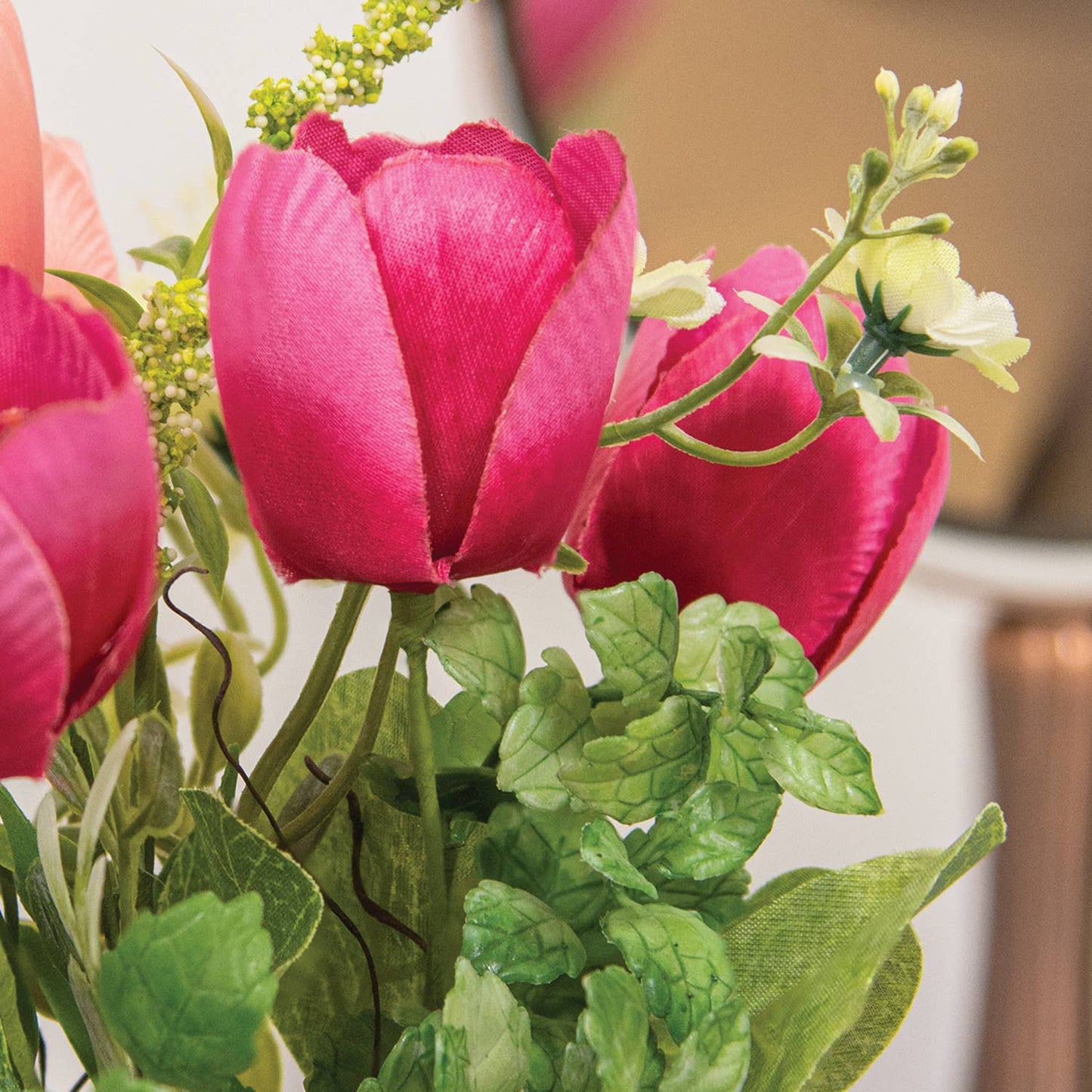 Pink Tulips & Wildflowers in Metal Pot - 8.5"H