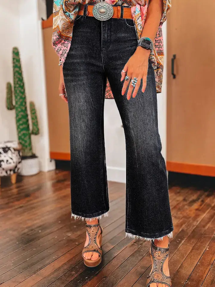 Sail Blue Mineral Wash High-Waist Raw Hem Flared Jeans