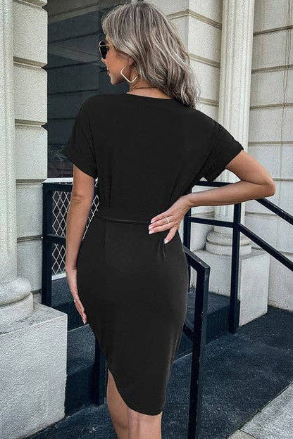 Solid Button Detail Cuffed Pocket Short Dress