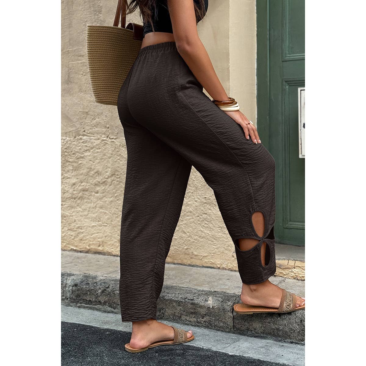 Solid Loose Elastic Waist Hollow Out Long Pant