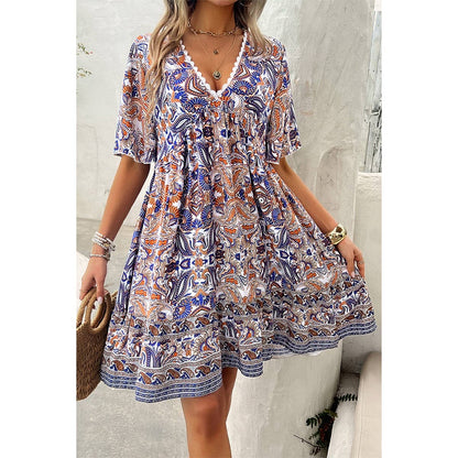 Allover Print Lace Trim Loose A Line Dress