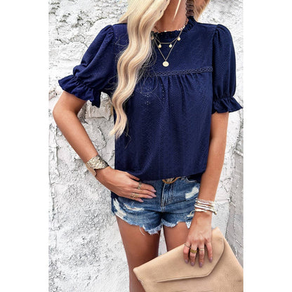 Round Neck Embroidery Ruffle Sleeve Loose Fit Shirts