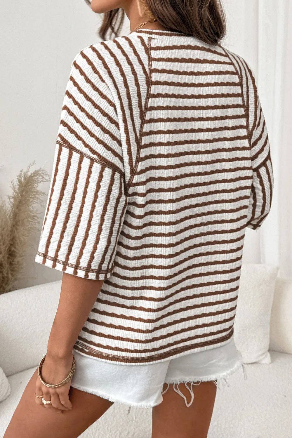 Striped Textured Tee Oversized Casual Boutique Top