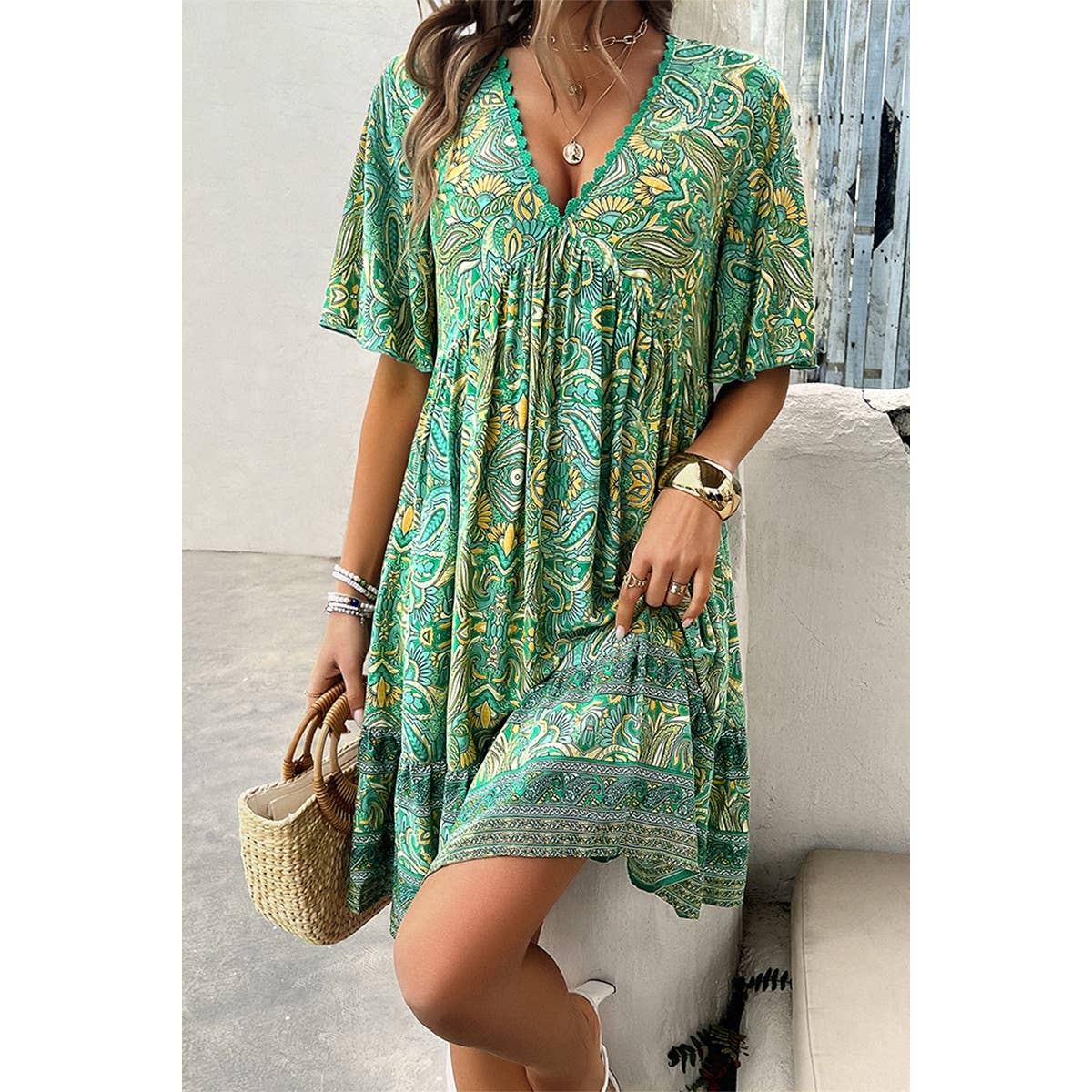 Allover Print Lace Trim Loose A Line Dress