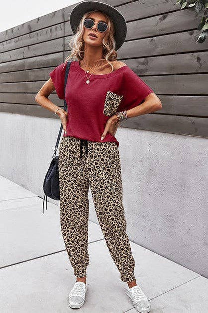 Solid Leopard Top And Pants Set