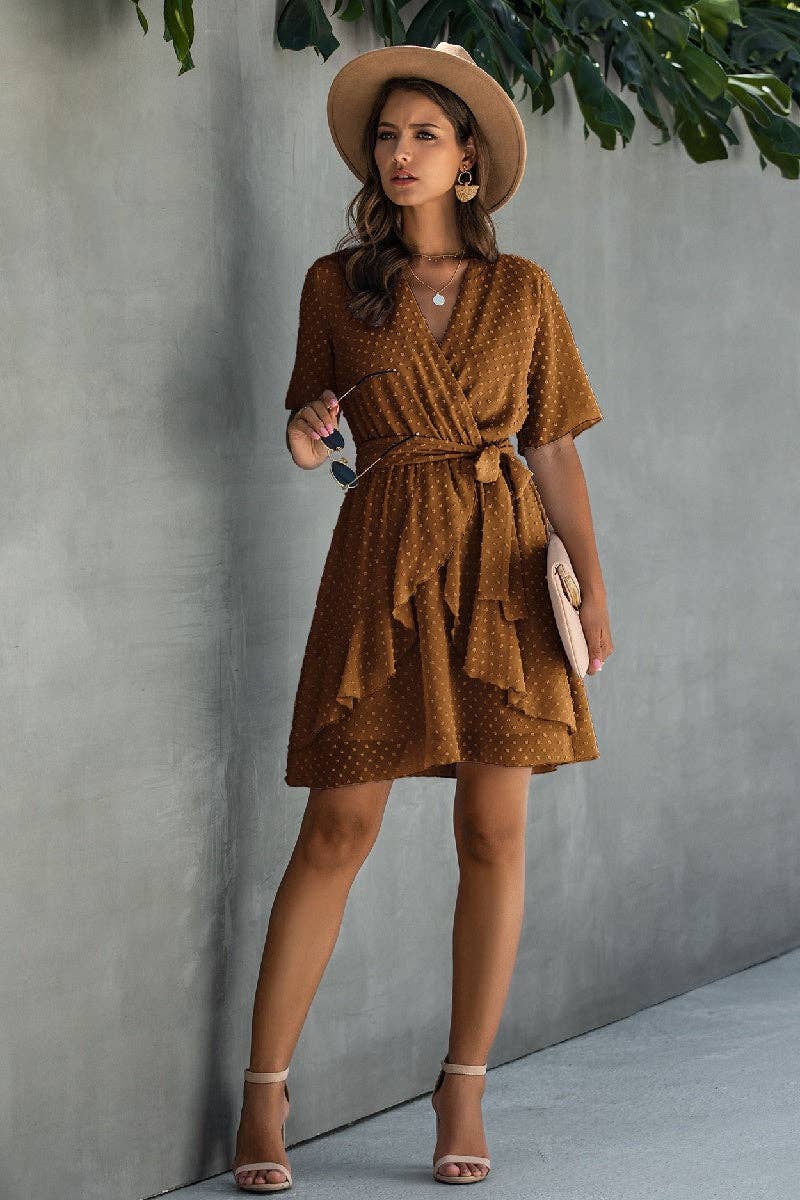 V Neck Ruffled Hem Wrap Dresses