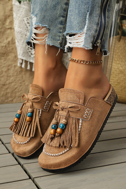 Color black Boho Bow Fringed Faux Suede Slip-on Loafers Square Toe Casual Slippers