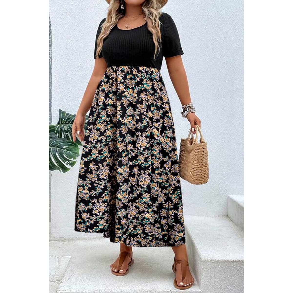 Plus Floral Print Elastic Fit High Waist Dress