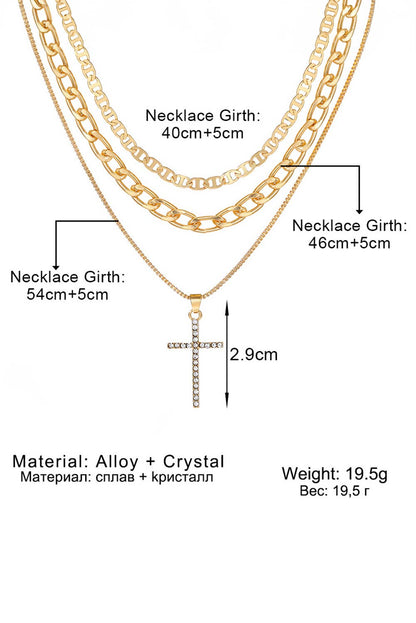 Plated Cross Pendant Multi Layer Stacked Chains Necklace