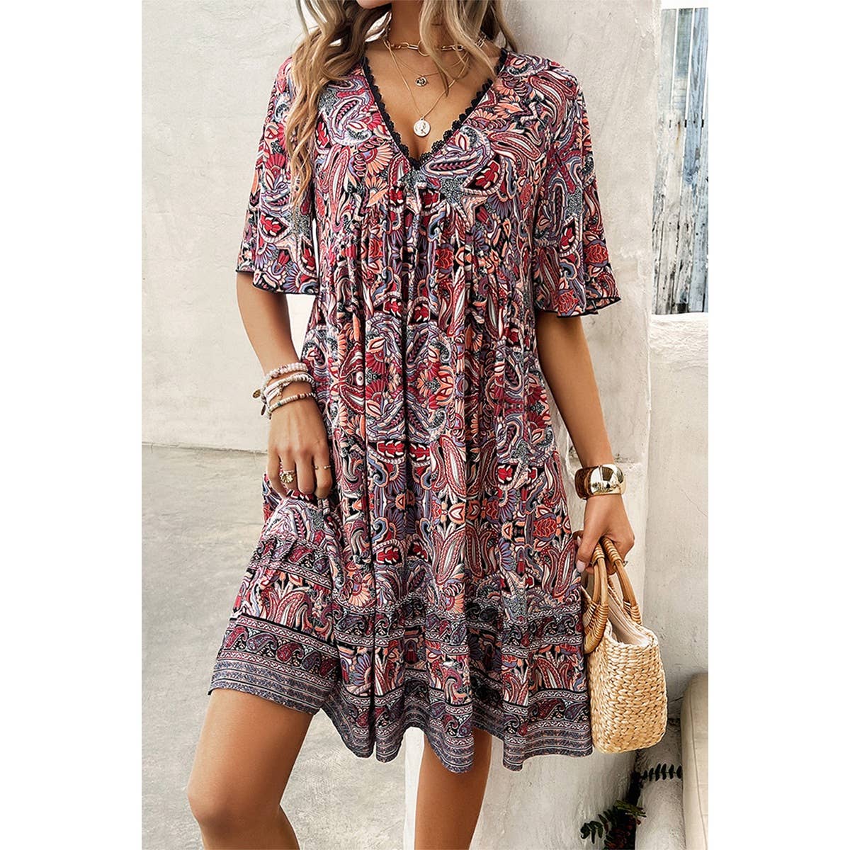 Allover Print Lace Trim Loose A Line Dress
