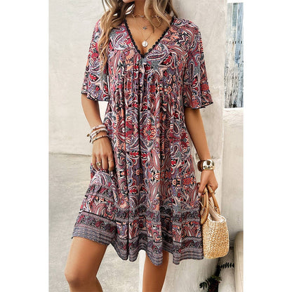 Allover Print Lace Trim Loose A Line Dress