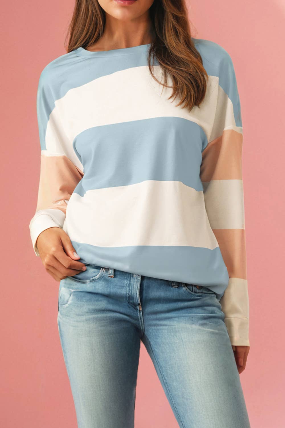 Womens Stripe Colorblock Drop Sleeve Top (S-XL)