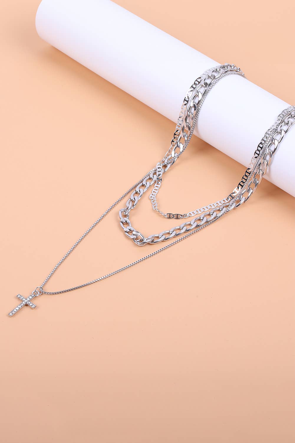 Plated Cross Pendant Multi Layer Stacked Chains Necklace