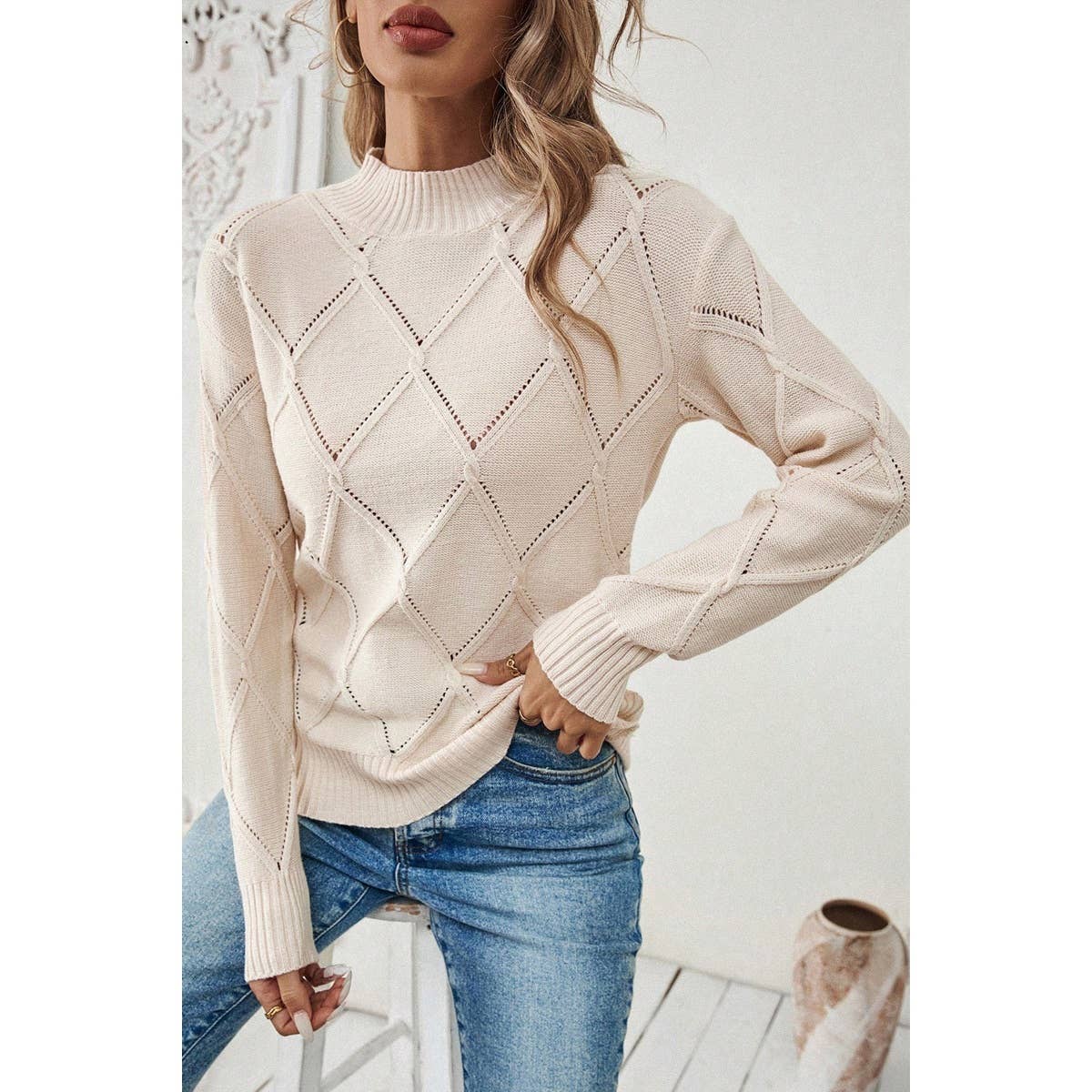 Stand Collar Long Sleeve Knit Slim Fit Sweater