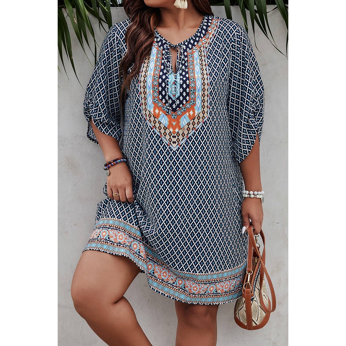 Plus Size V Neck Printed Loose Fit Midi Dress