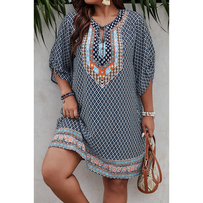 Plus Size V Neck Printed Loose Fit Midi Dress