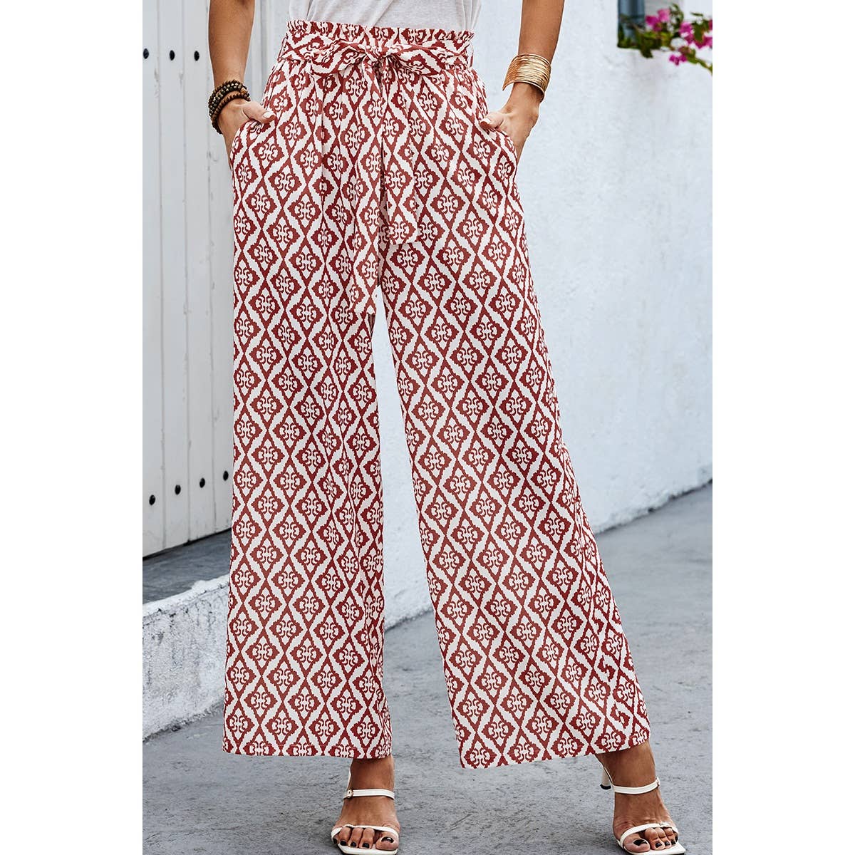 Wide Leg High Waist Tie Pockets Knot Pants
