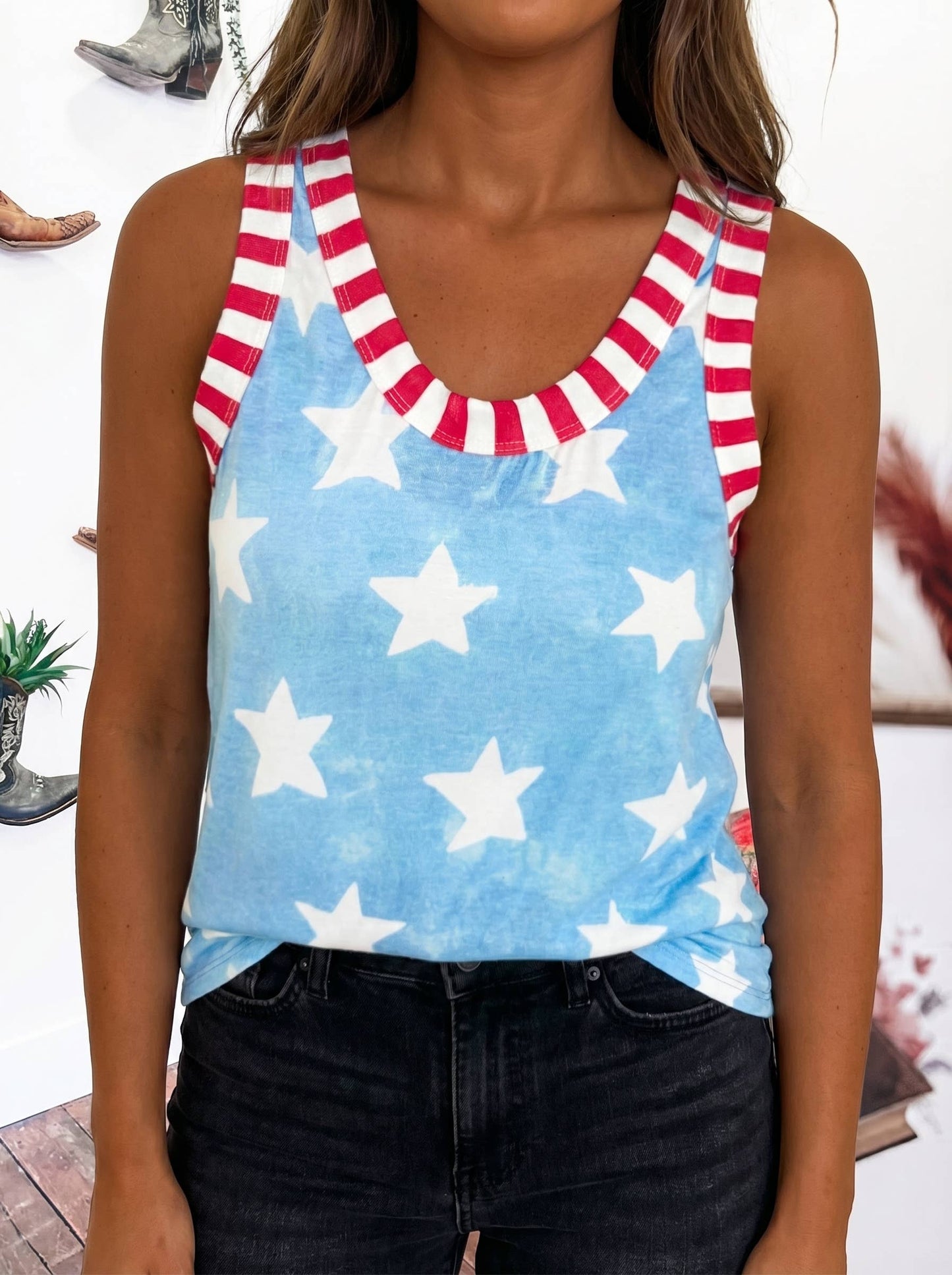 Tie Dye Star Print Striped Trim Round Neck Casual Tank Top