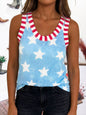 Tie Dye Star Print Striped Trim Round Neck Casual Tank Top