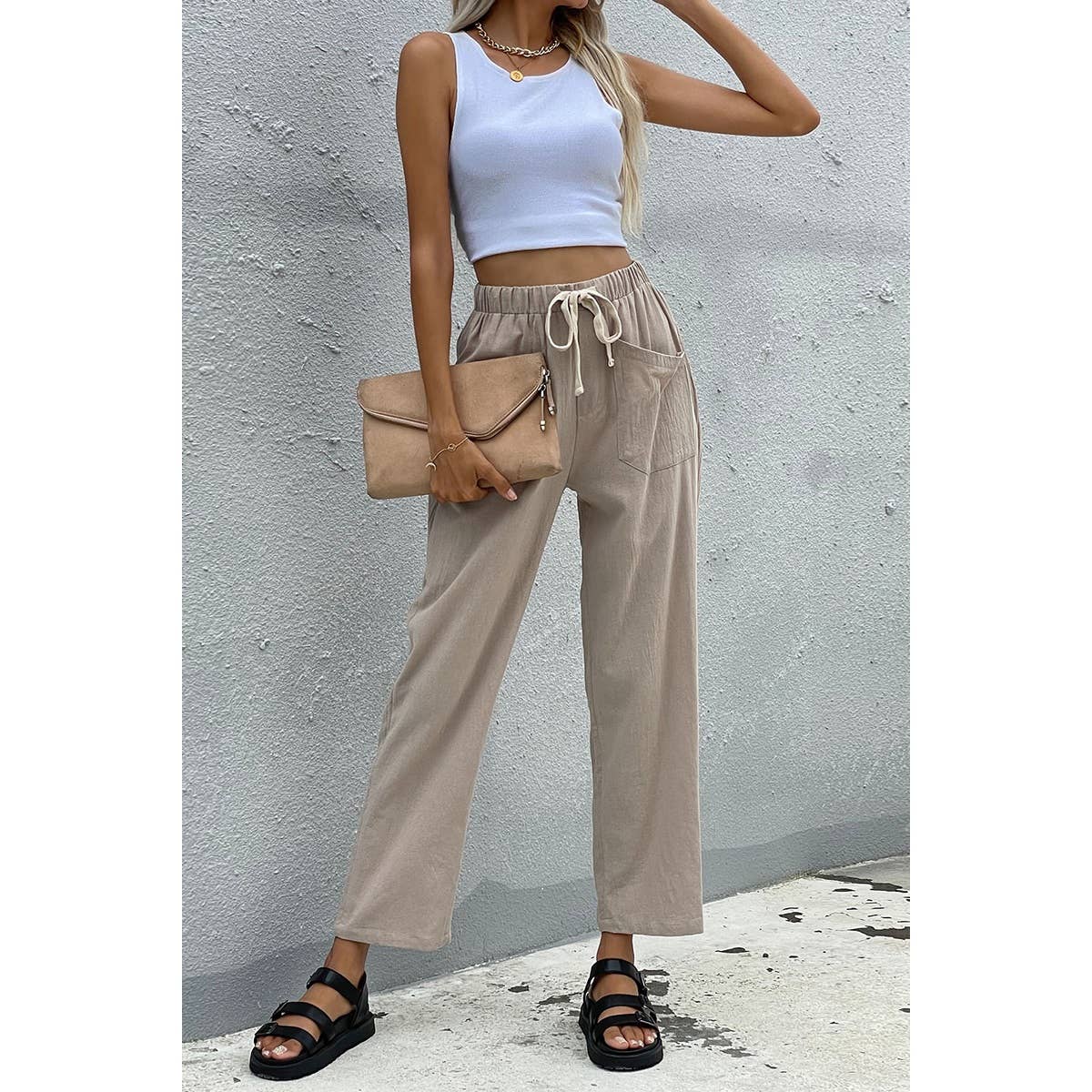 Solid Pockets Belt Wide Leg Pants