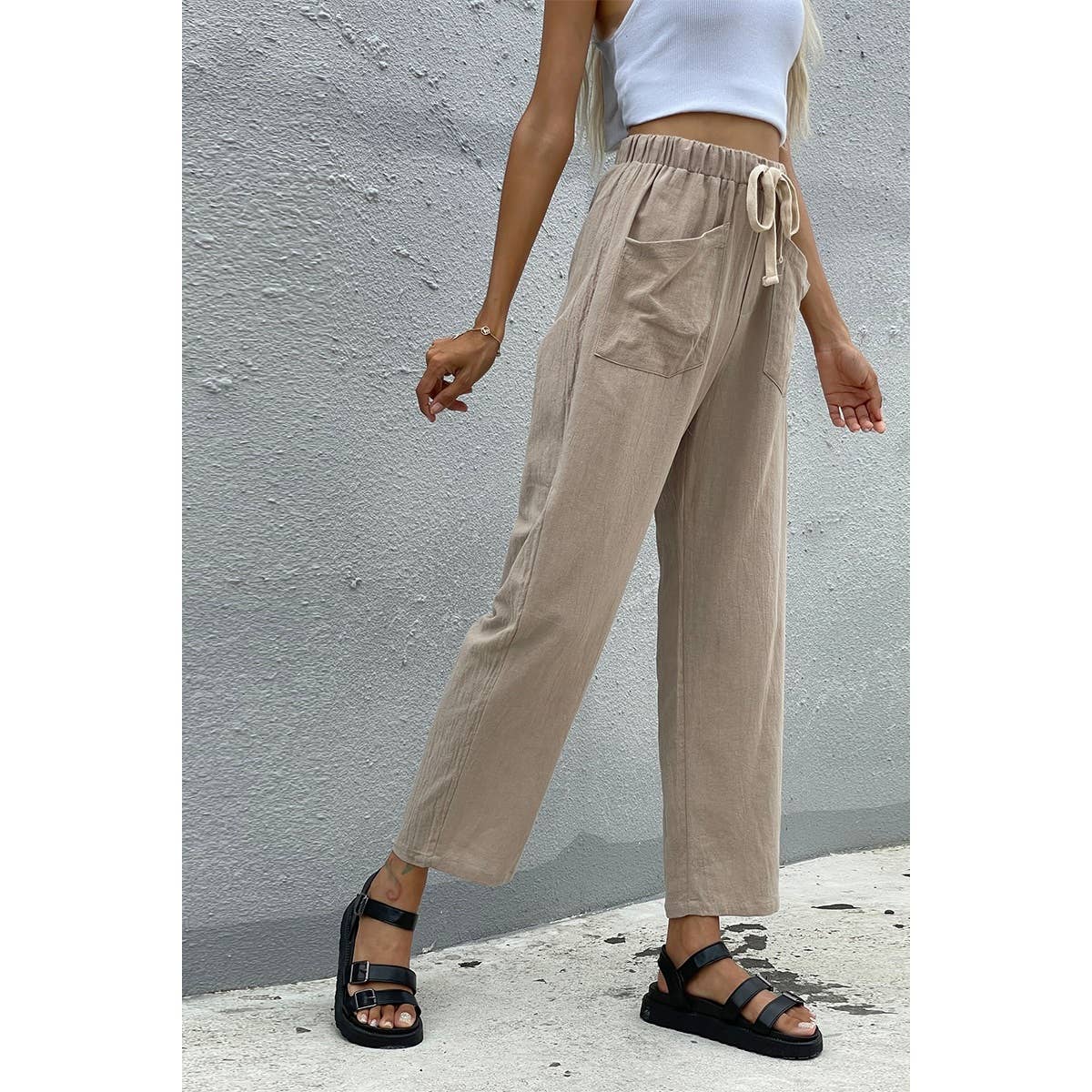 Solid Pockets Belt Wide Leg Pants