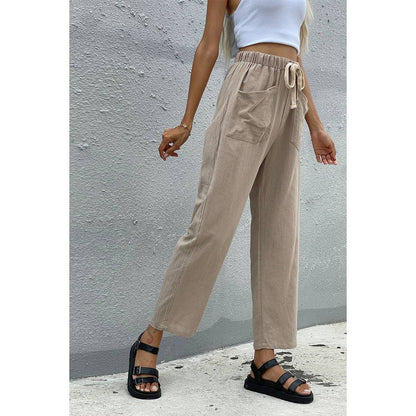 Solid Pockets Belt Wide Leg Pants