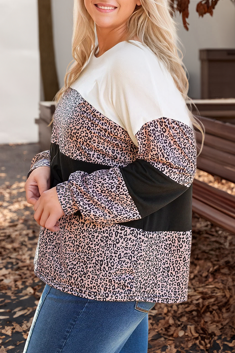 Plus Size Leopard Print Colorblock V Neck Long Sleeve Top