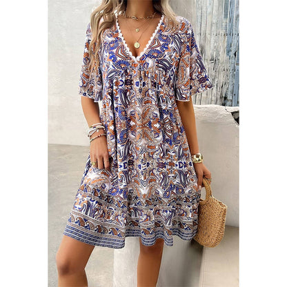 Allover Print Lace Trim Loose A Line Dress