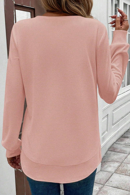 White Rounded Hem Waffle Long Sleeve Top