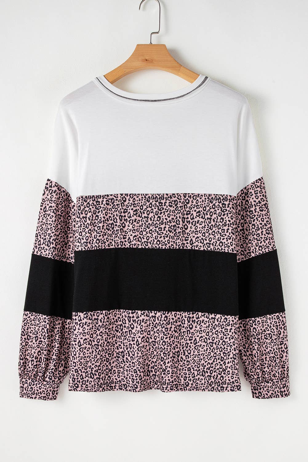 Plus Size Leopard Print Colorblock V Neck Long Sleeve Top