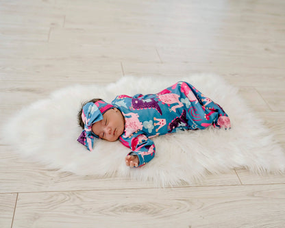 Infant Girl Dino Baby Gown and Bow Headband
