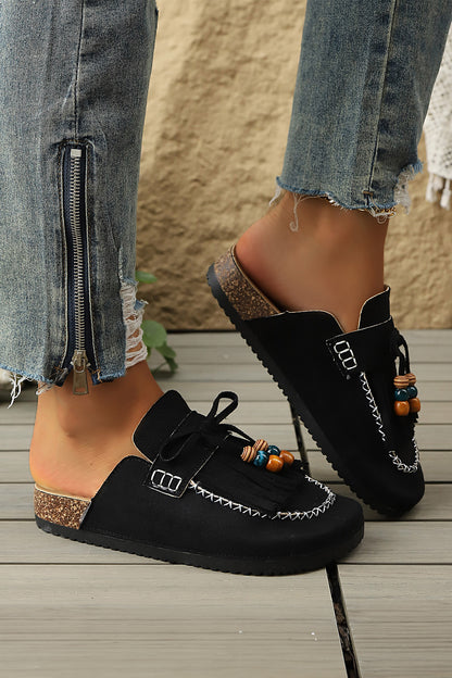 Color black Boho Bow Fringed Faux Suede Slip-on Loafers Square Toe Casual Slippers