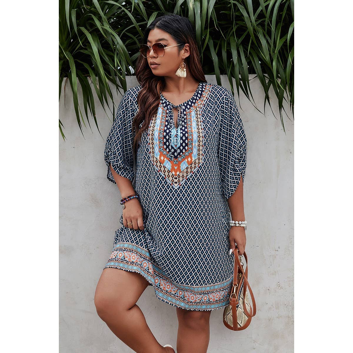 Plus Size V Neck Printed Loose Fit Midi Dress